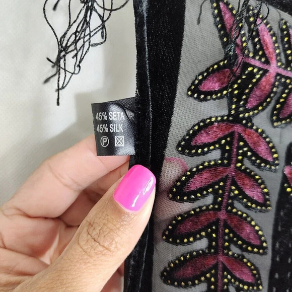 Black Pink Viscose Silk Flocked Scarf Wrap Fringe Lightweight Unbranded - Picture 7 of 7